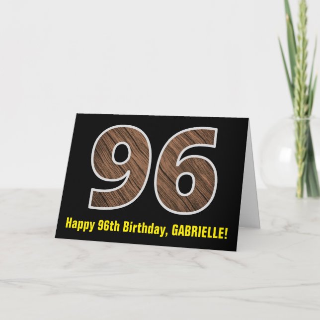 Carte 96e Anniversaire : Nom + Motif Imitation Bois "96" (Devant)