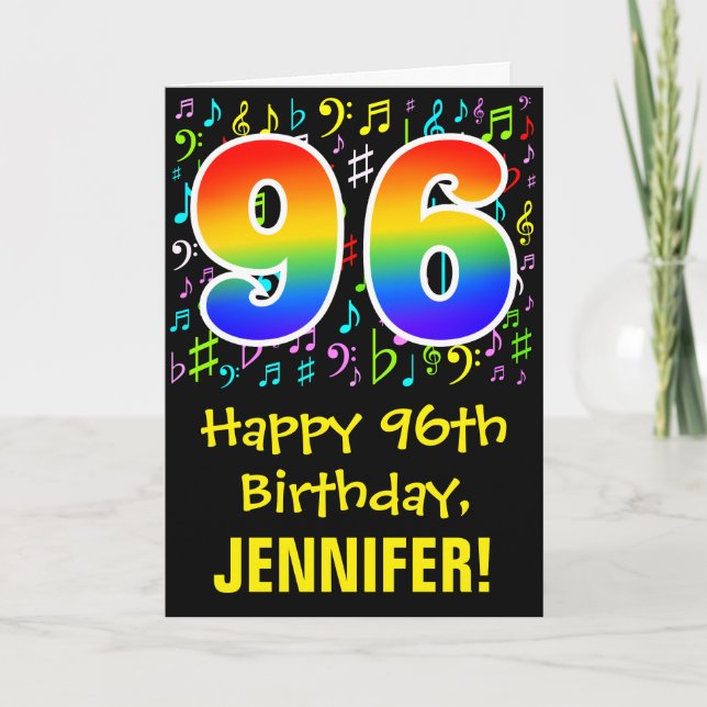 Carte 96e anniversaire : Symboles de musique colorée + A (Devant)