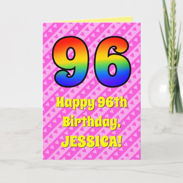Carte 96th Birthday: Pink Stripes & Hearts, Rainbow # 96 (Devant)
