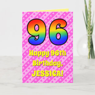Carte 96th Birthday: Pink Stripes & Hearts, Rainbow # 96