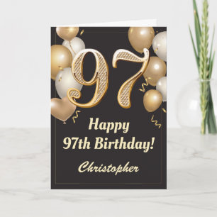 Carte 97e anniversaire Ballons Noir et Or Confetti