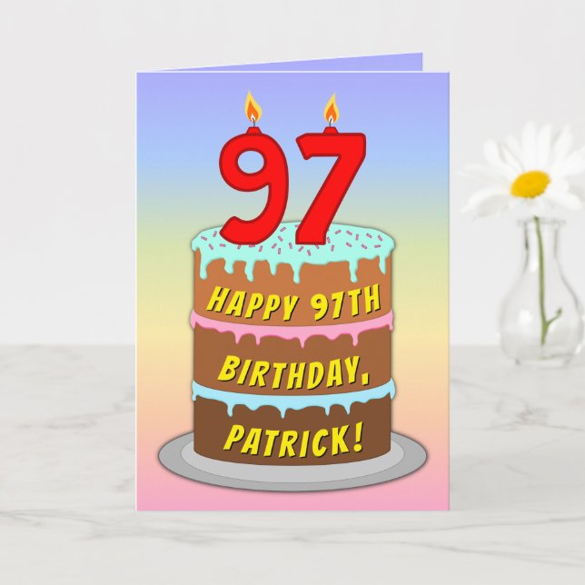 Carte 97e anniversaire — Fun Cake & Candles, avec nom pe (Petite plante)