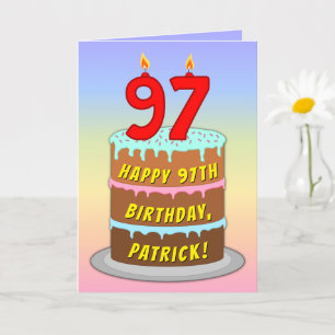 Carte 97e anniversaire — Fun Cake & Candles, avec nom pe