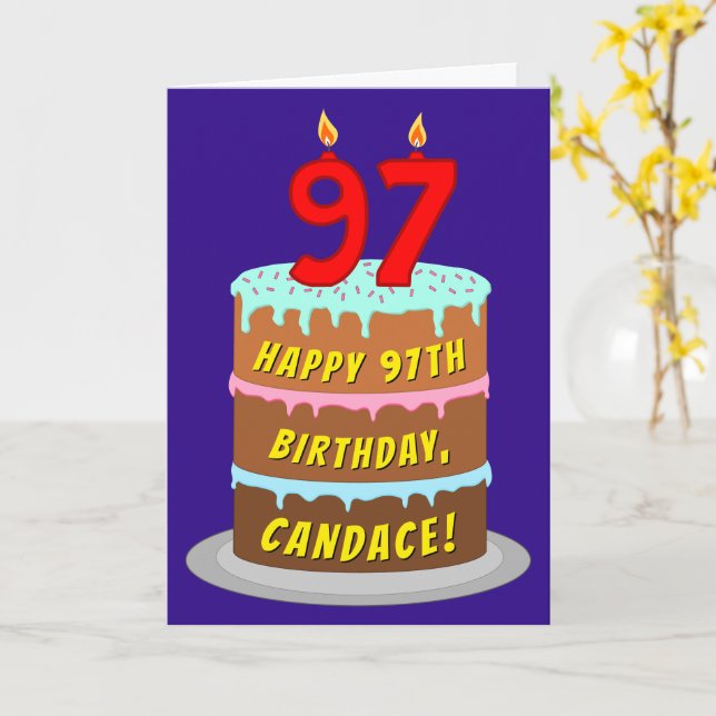 Carte 97e anniversaire : Gâteau et bougies amusants + No (Fleur jaune)