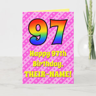 Carte 97e anniversaire : Pink Stripes & Hearts, Arc en c