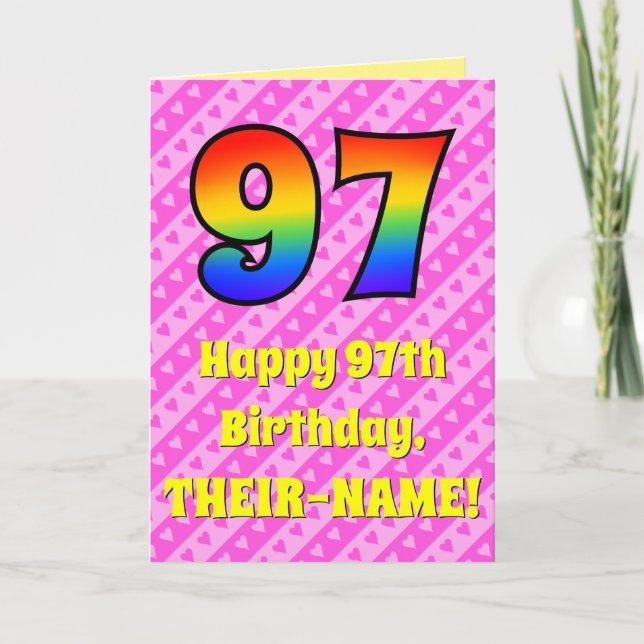 Carte 97e anniversaire : Pink Stripes & Hearts, Arc en c (Devant)