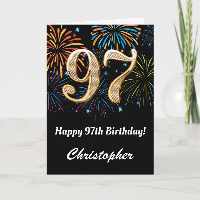Carte 97e anniversaire Rainbow Fireworks noir et or (Devant)