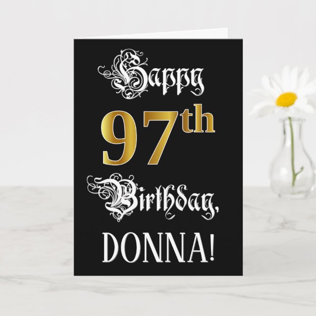 Carte 97e anniversaire — Script fantaisie; look or Faux; (Petite plante)