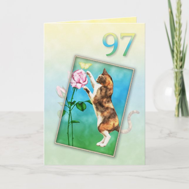 Carte 97ème anniversaire avec un chat ludique (Devant)