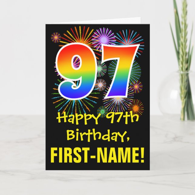 Carte 97ème anniversaire : Fun Fireworks Motif + Rainbow (Devant)
