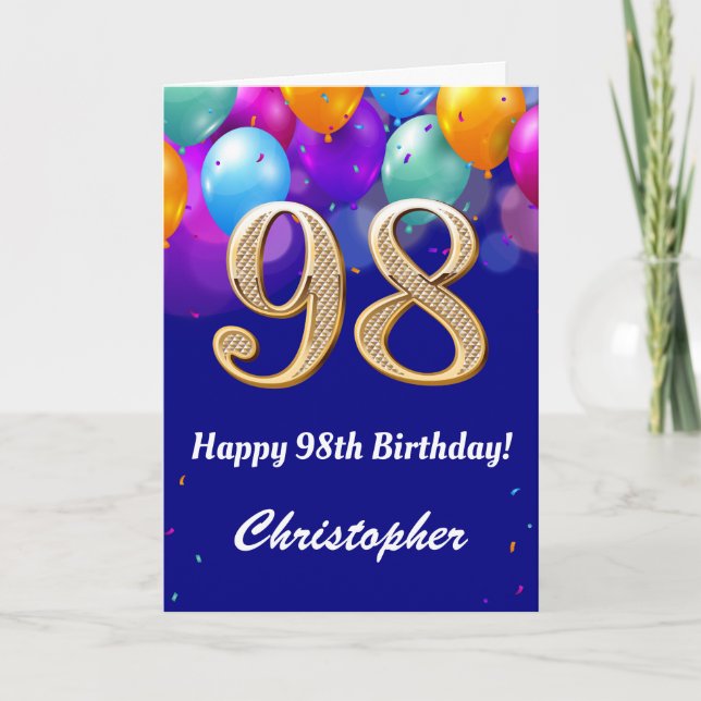 Carte 98e anniversaire Ballons bleu et or couleur marine (Devant)