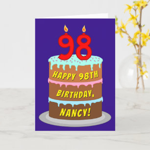 Carte 98e anniversaire : Fun Cake and Candles + Nom pers