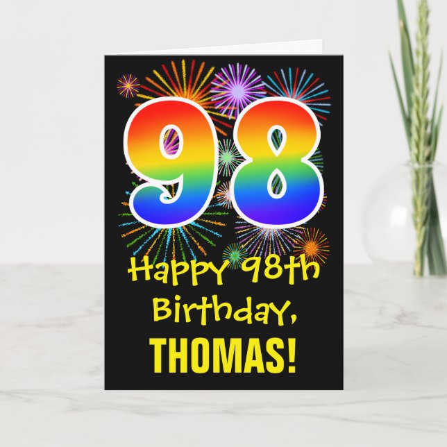 Carte 98e anniversaire : Fun Fireworks Motif + Rainbow 9 (Devant)
