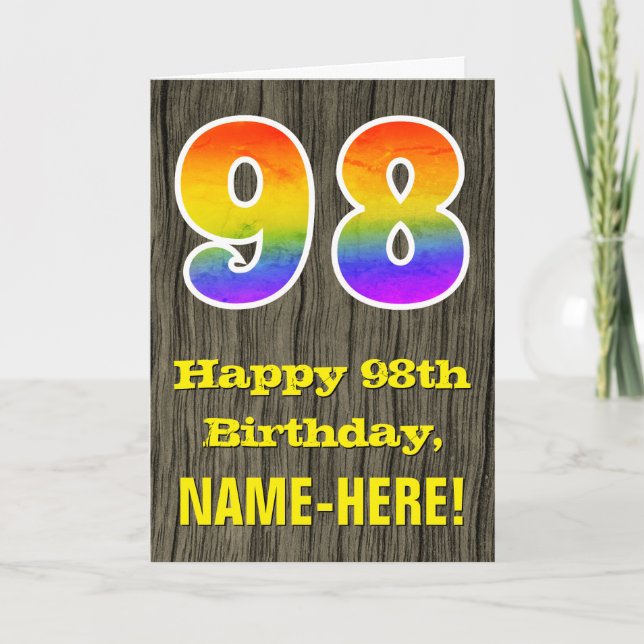 Carte 98e anniversaire : Rustic Faux Wood Look, Rainbow  (Devant)