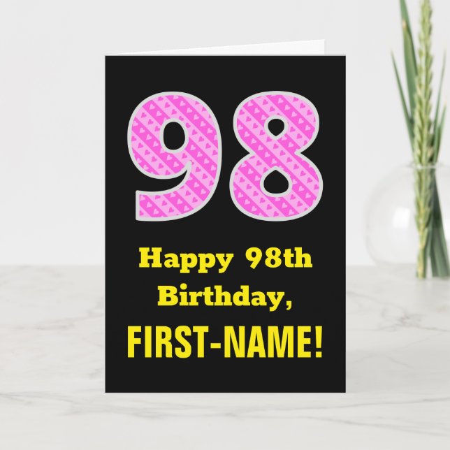 Carte 98th Birthday: Pink Stripes and Hearts "98" + Name (Devant)