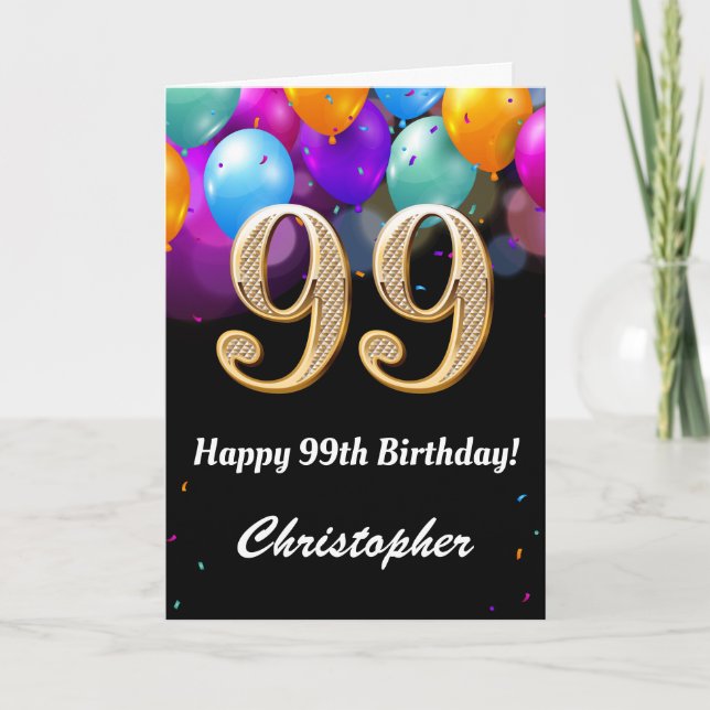 Carte 99e anniversaire Ballons noirs et dorés (Devant)