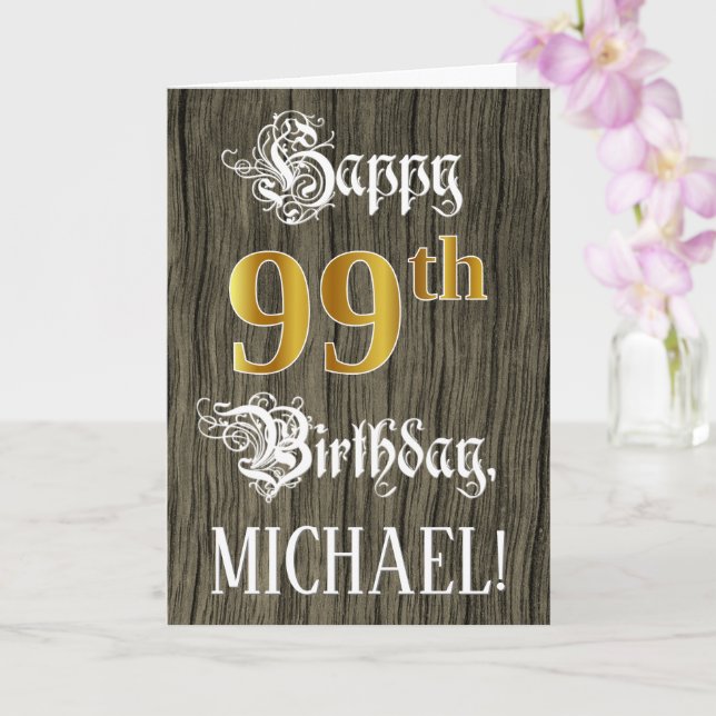 Carte 99e Anniversaire : Faux aspect or + Motif imitatio (Orchidée)