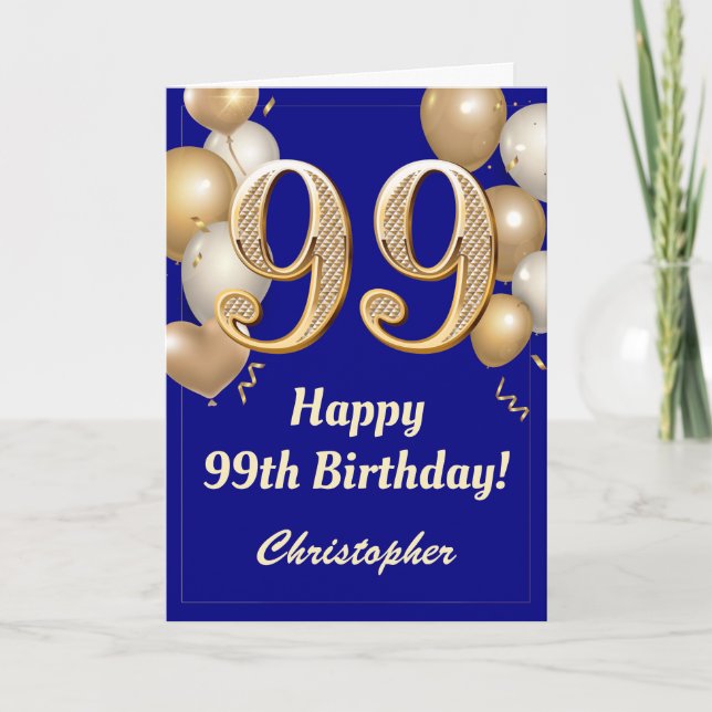 Carte 99e anniversaire Marine Bleu et Ballons d'or Confe (Devant)