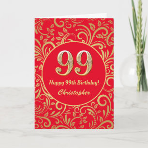 Carte 99e anniversaire Motif Floral rouge et or