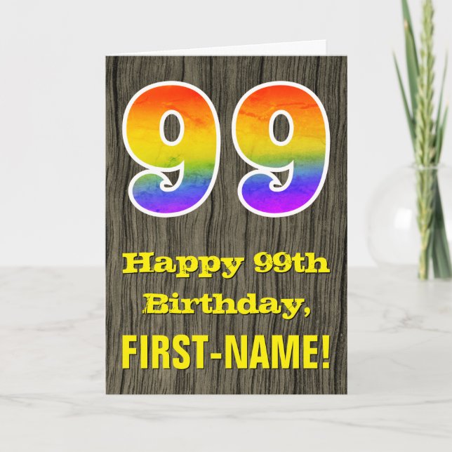 Carte 99e anniversaire : Rustic Faux Wood Look, Rainbow  (Devant)