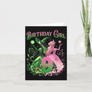 Carte 9 Anniversaire Sorcière rose et vert 9 Anniversair