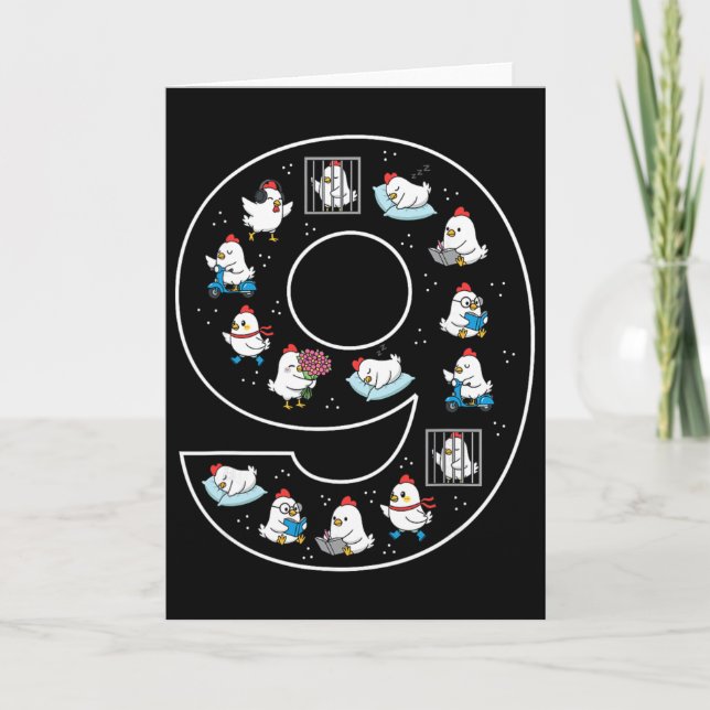Carte 9e anniversaire 9 ans poulets garçons filles fermi (Devant)
