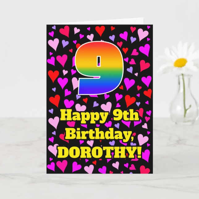 Carte 9e anniversaire : Amour Hearts Motif, Arc-en-ciel  (Petite plante)