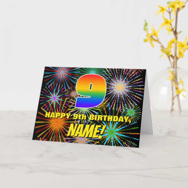 Carte 9e anniversaire : Amusants, Feu d'artifice coloré (Fleur jaune)