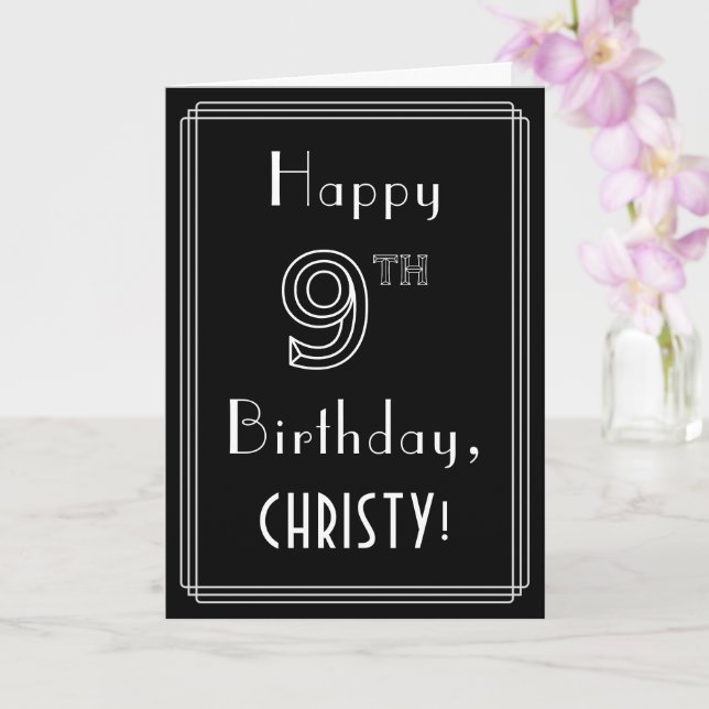 Carte 9e anniversaire : Art Déco Style # 9 & Custom Name (Orchidée)