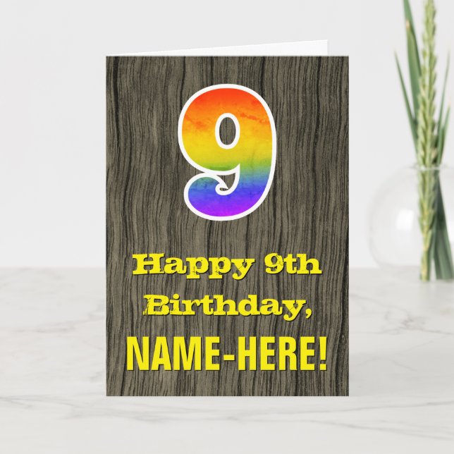 Carte 9e anniversaire : aspect bois rustique, "9" arc-en (Devant)