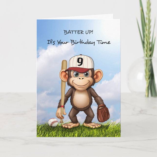 Carte 9e anniversaire Baseball Anniversaire Monkey Bat B (Devant)