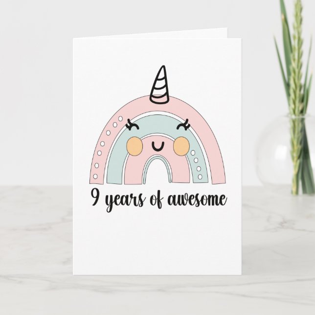 Carte 9e anniversaire Boho Arc en ciel 9 ans licorne (Devant)