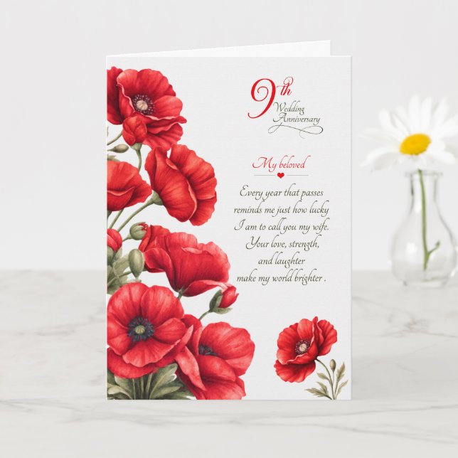 Carte 9e anniversaire de mariage Poppys rouges sentiment (Petite plante)