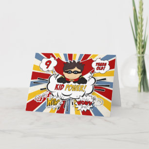 Carte 9e anniversaire des garçons Super Kid Red Comic Bo