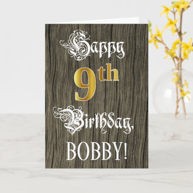 Carte 9e anniversaire : Faux Gold Look + Faux Wood Motif (Fleur jaune)