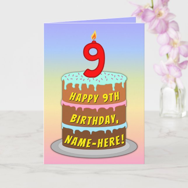 Carte 9e anniversaire — Fun Cake & Candle, avec un nom p (Orchidée)
