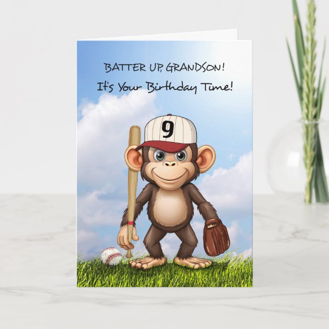 Carte 9e anniversaire Grand-fils Baseball Monkey Bat Bal (Devant)