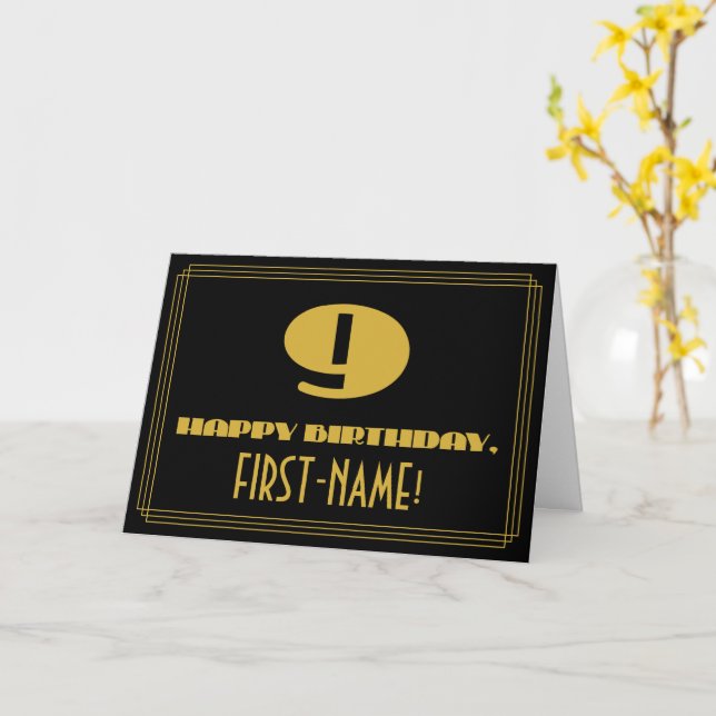 Carte 9e anniversaire : Nom + Art Déco Inspiré Look "9" (Fleur jaune)