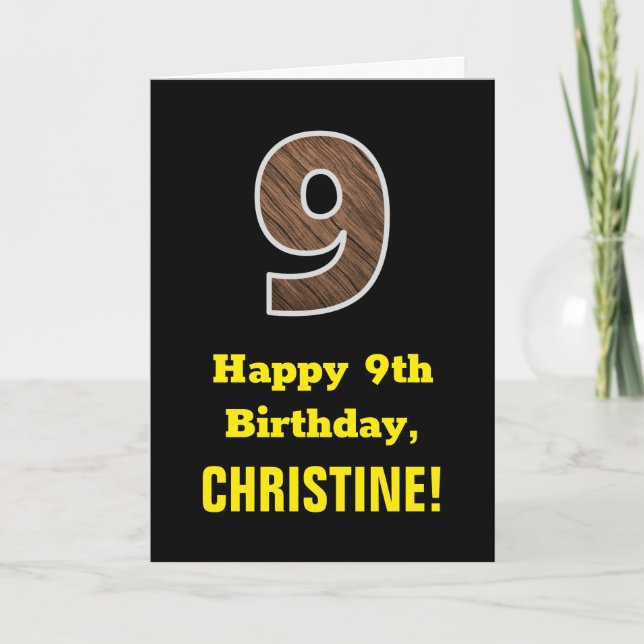 Carte 9e anniversaire : Nom, Motif Faux Wood Grain "9" (Devant)