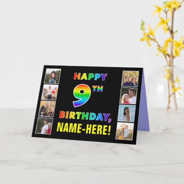 Carte 9e anniversaire : Rainbow Text, Custom Photos & Na (Fleur jaune)