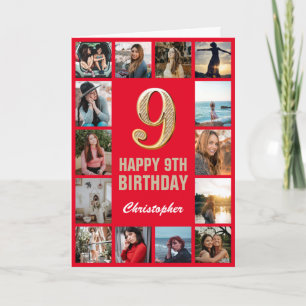 Carte 9e Joyeux Anniversaire Collage photo rouge et or