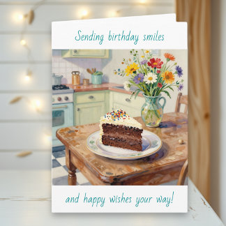 Carte A Beautiful Birthday with Pretty Flowers and Cake
