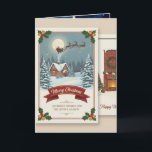 Carte A Christmas card with snowy scenes, festive text,<br><div class="desc">A Christmas card with snowy scenes,  festive text,  and a family around a decorated tree.</div>