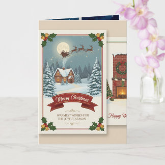 Carte A Christmas card with snowy scenes, festive text,
