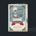 Carte A Christmas card with snowy scenes, festive text,<br><div class="desc">A Christmas card with snowy scenes,  festive text,  and a family around a decorated tree.</div>