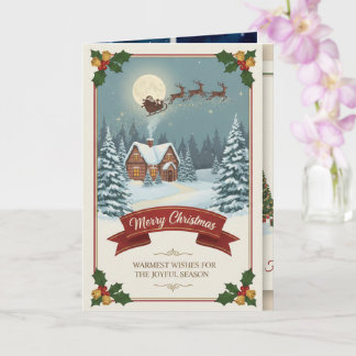 Carte A Christmas card with snowy scenes, festive text,