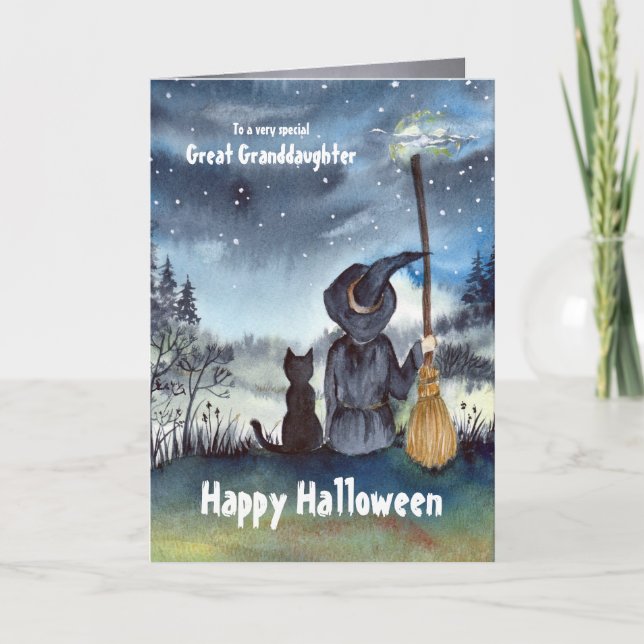 Carte À Grande Petite-Fille Halloween Chat Noir Sorcière (Devant)