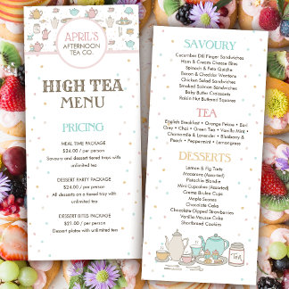 Carte à la carte du café et du restaurant High Tea
