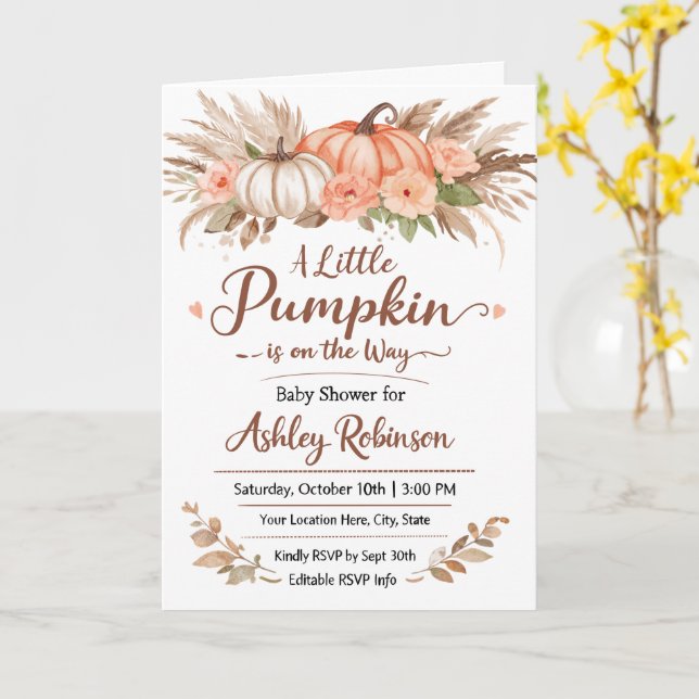 Carte A Little Pumpkin Is on the Way Baby Shower Card  (Fleur jaune)