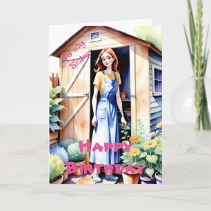 Carte À ma sœur Jardinage mignon et fleurs Anniversaire
